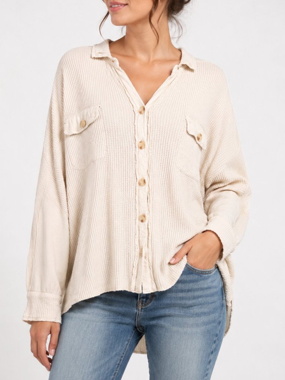 Free People FP One Sz Small Cream Scout Waffle Knit Oversized Shacket Jacket